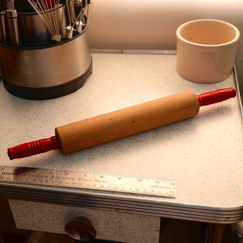 vintage antique wood rolling pin red handles
